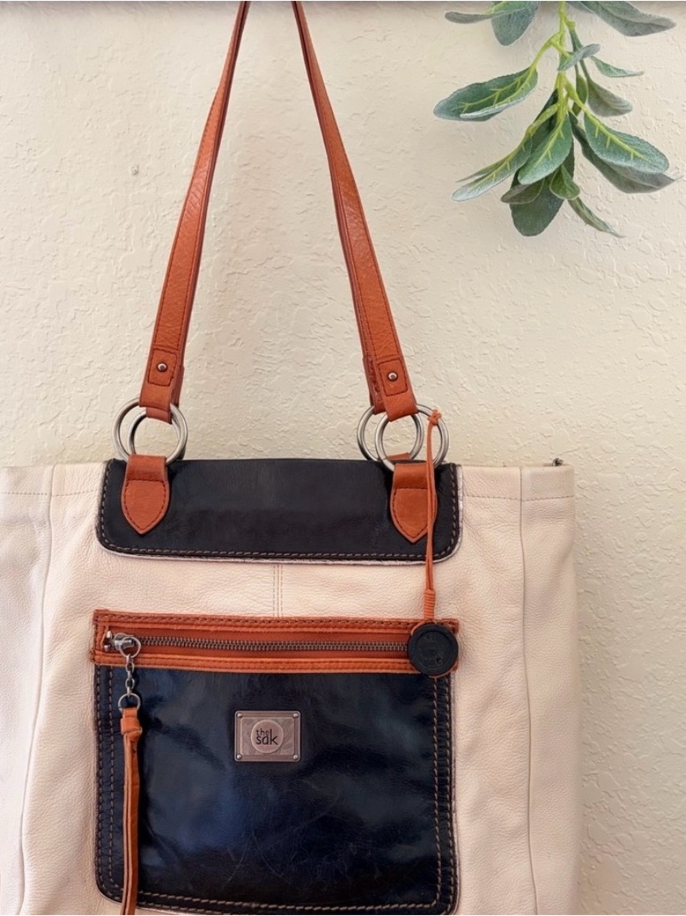 The Sak Colorblock Leather Tote Shoulder Bag Cream Brown Navy Work - Picture 10 of 10